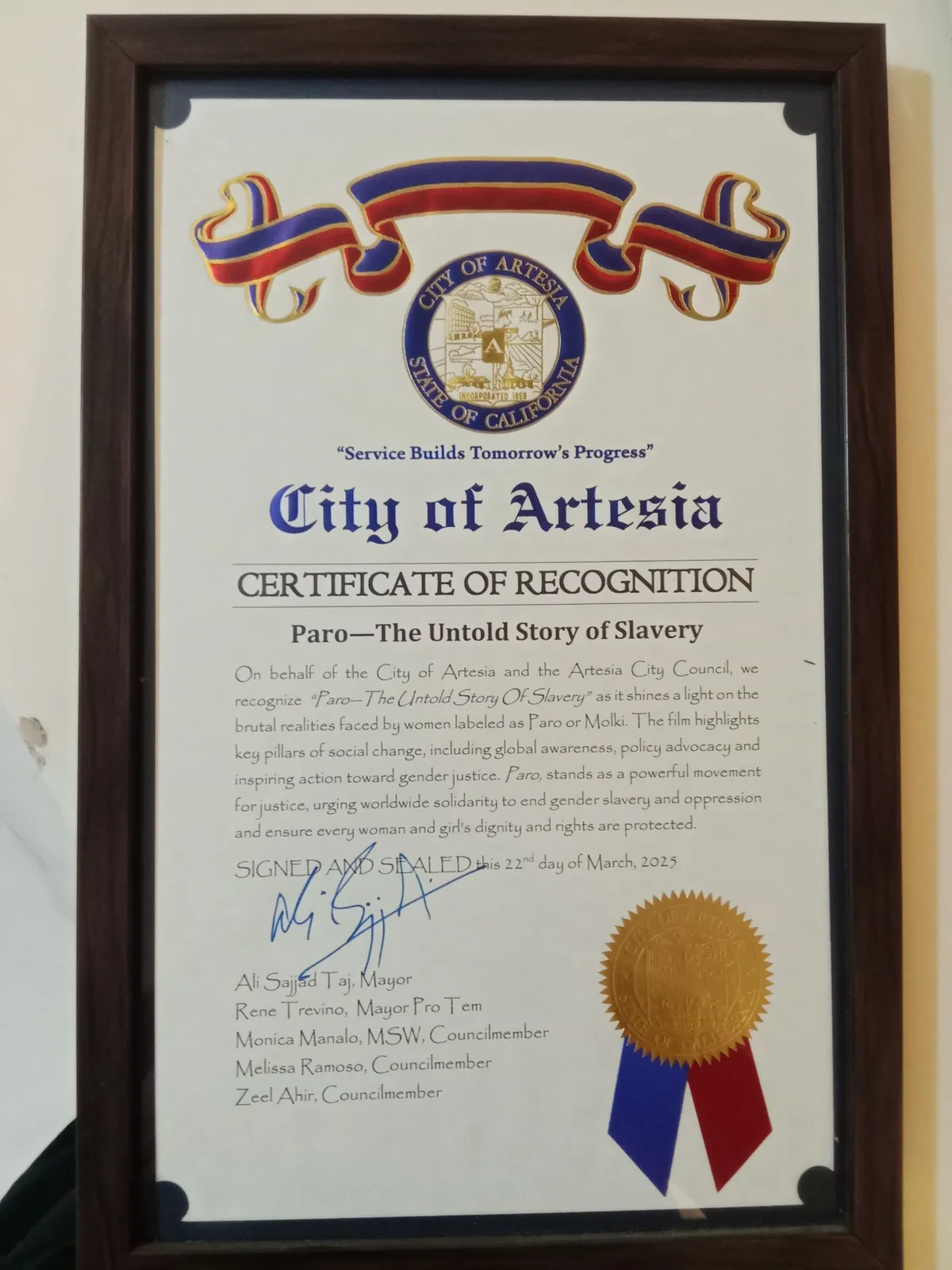 City of Artesia certificate