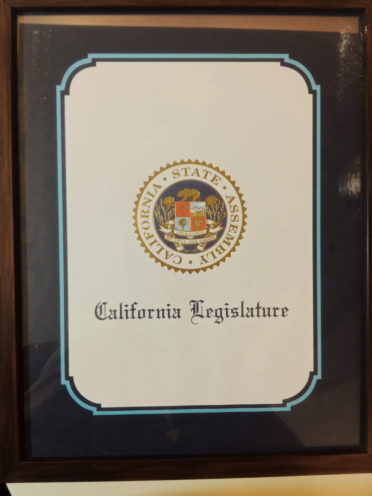 California Legislature certificate