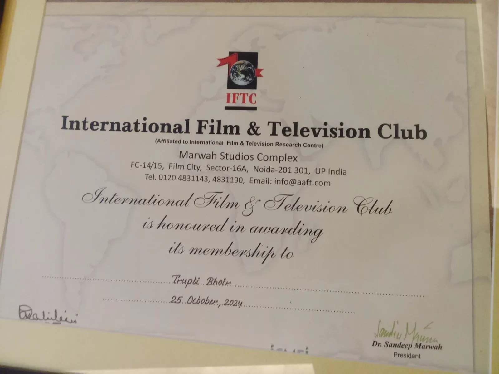 International Film and Television Club membership certificate