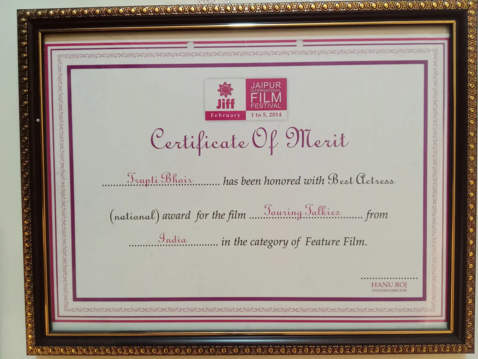 Jaipur Film Festival certificate of merit