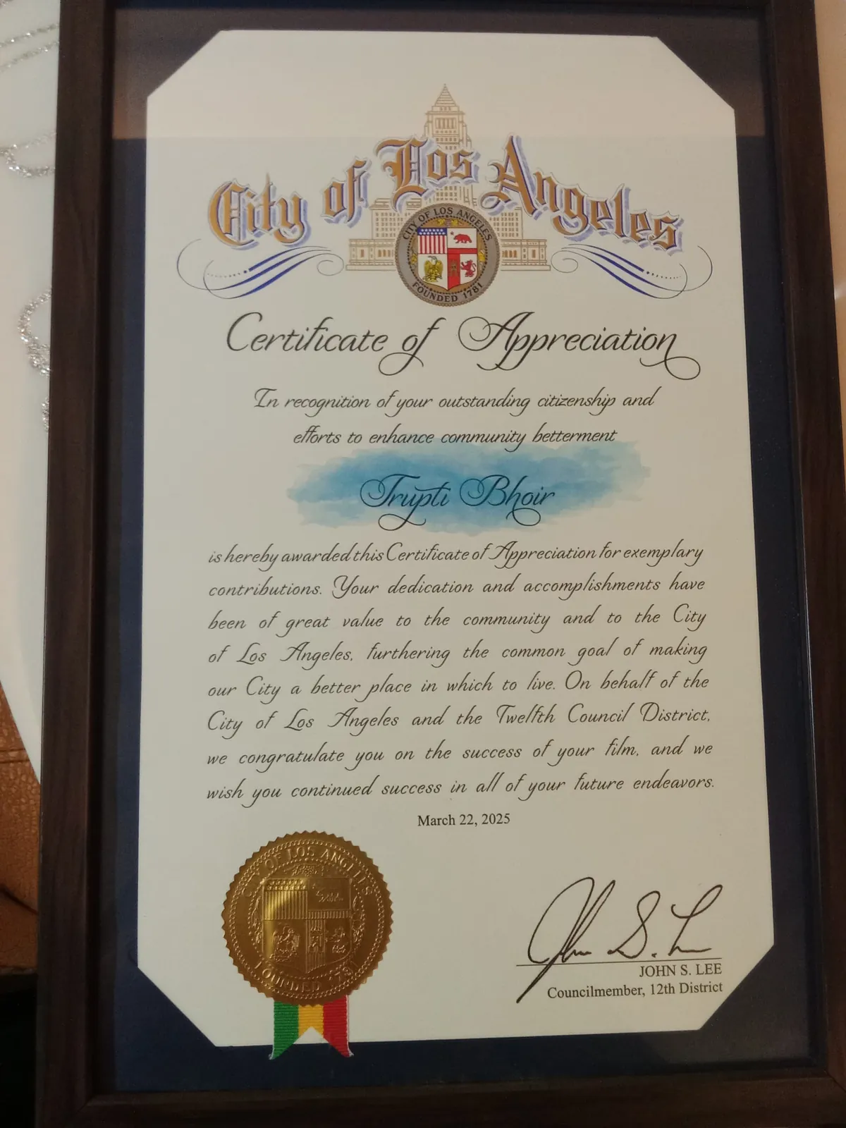 City of Los Angeles certificate