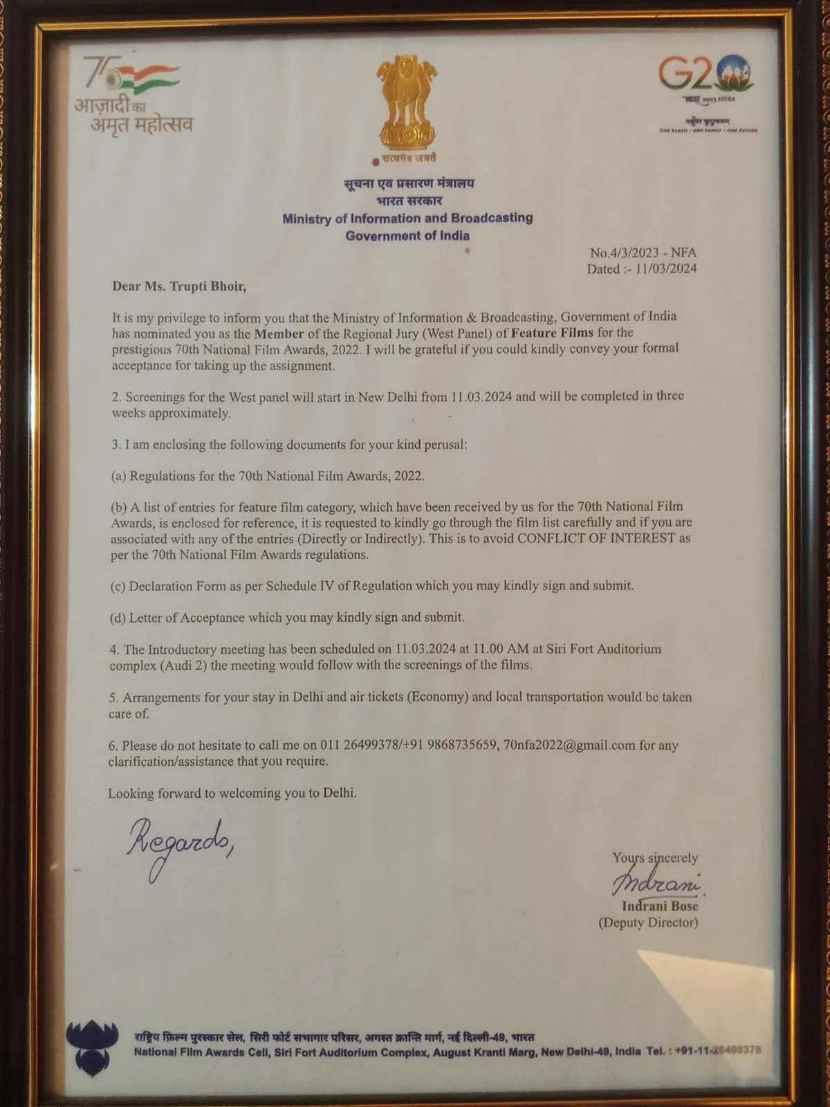 Ministry of Information and Broadcasting letter