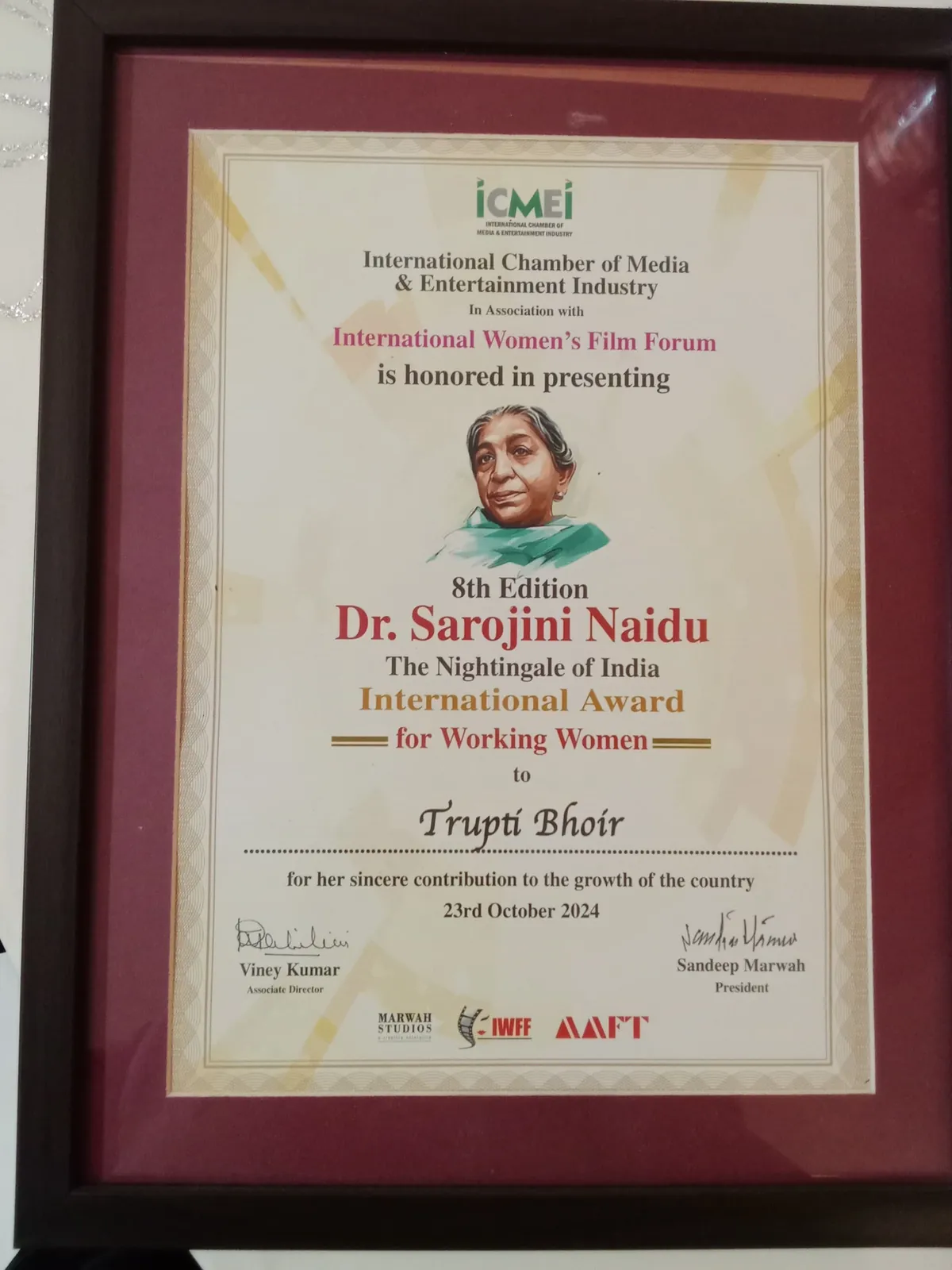 Dr. Sarojini Naidu International Award certificate
