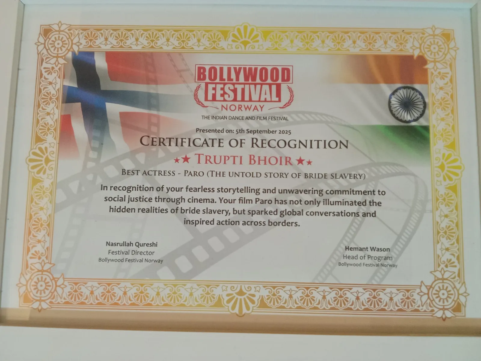 Bollywood Festival Norway certificate